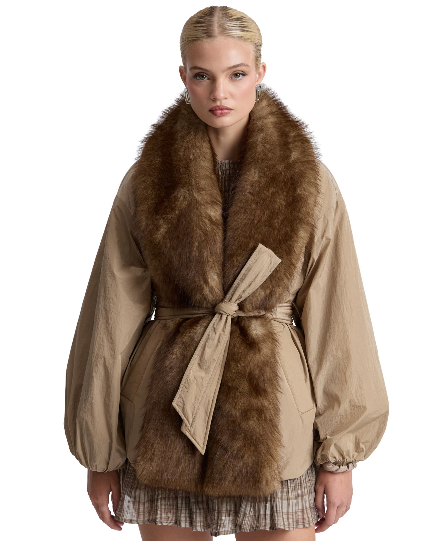 Women's Belted Faux-Fur-Trim Shawl Collar Puffer Jacket
