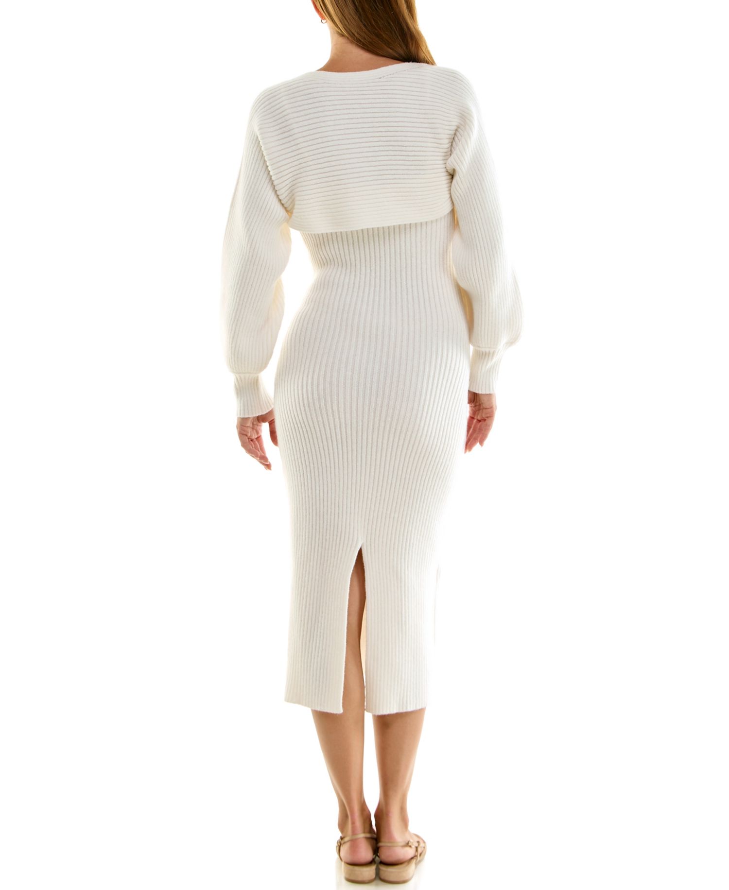 Juniors' Ribbed-Knit Sweetheart Neck Side-Slit Sweater Dress and Bolero Set