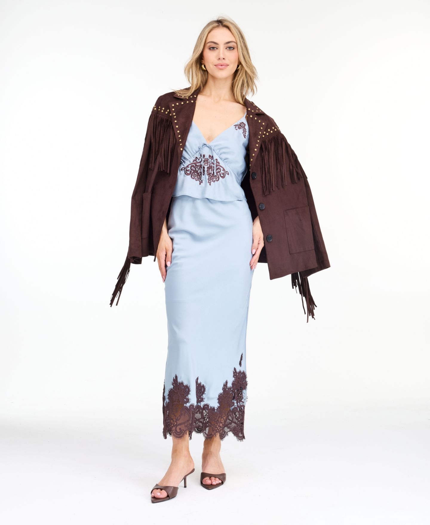 Женская куртка Kittenish Montana Faux-Suede Studded Fringe, цвет: Кофейный — фото 2