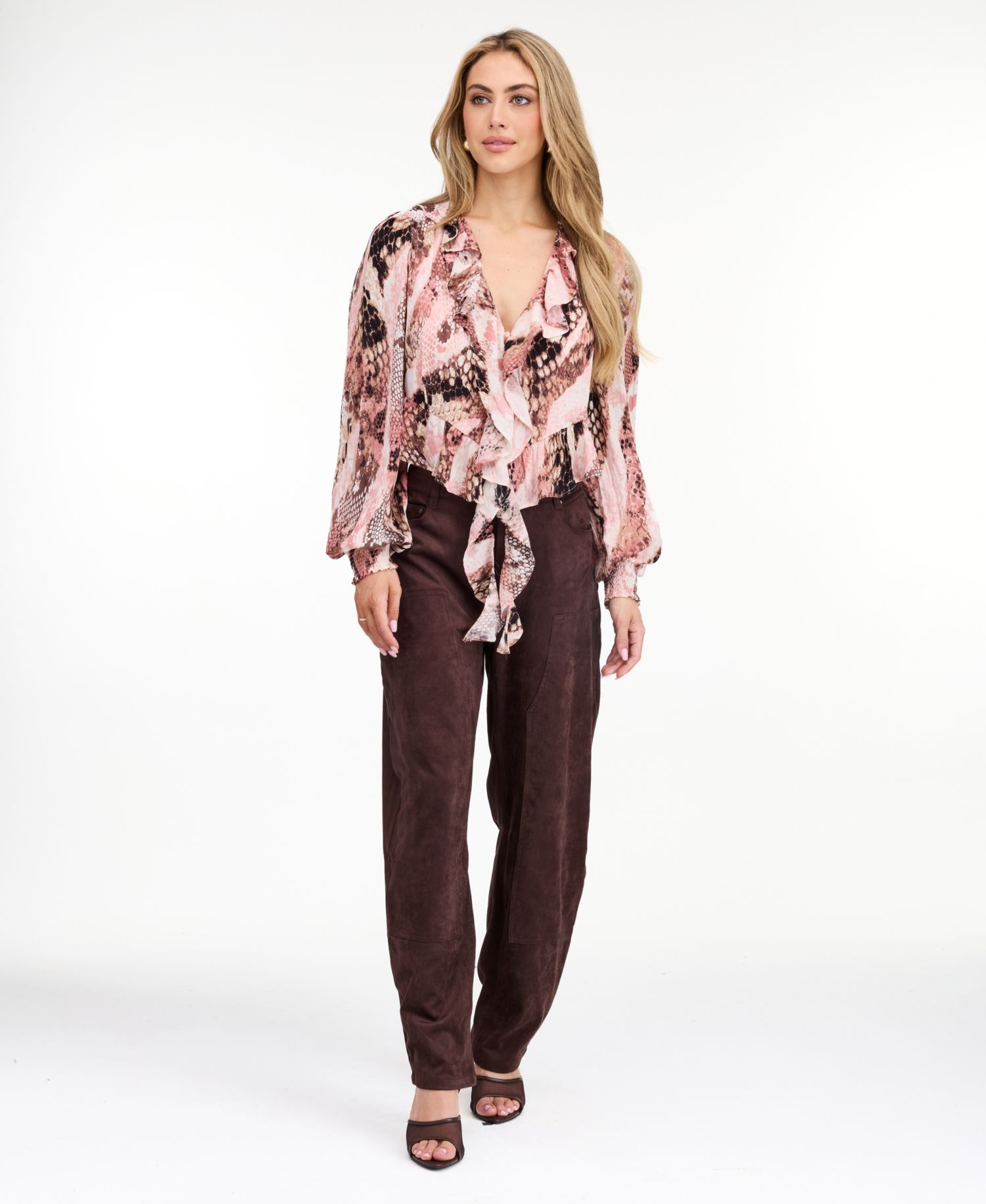 Women's Audrey Yoryu Long-Sleeve Ruffle Snake-Print Blouse