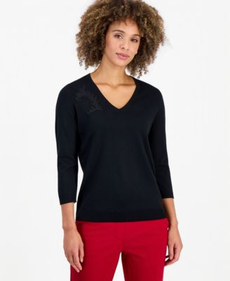 Women's 3/4-Sleeve V-Neck Lace-Applique Sweater