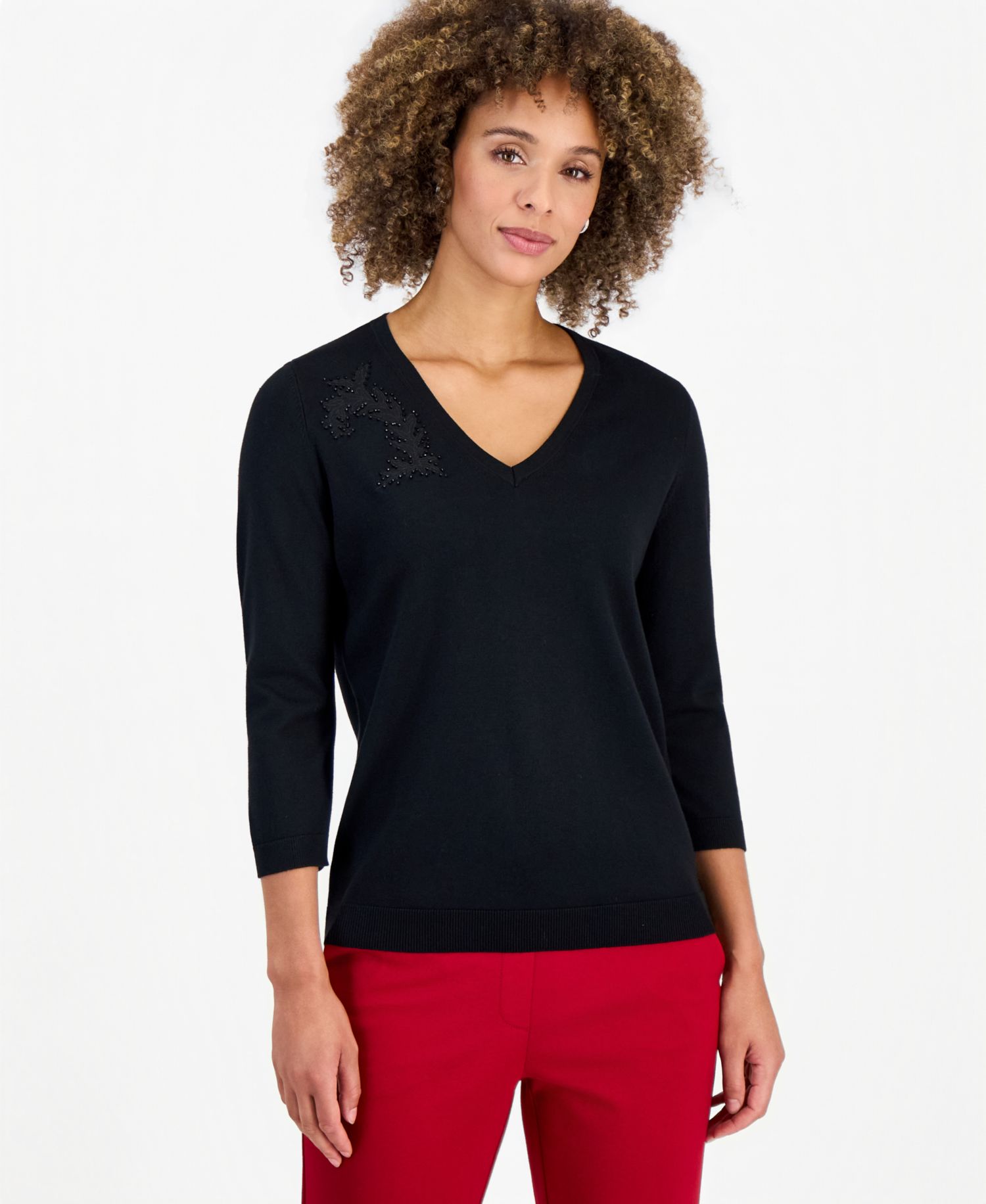 Women's 3/4-Sleeve V-Neck Lace-Applique Sweater