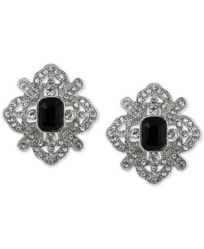 2028 Silver-Tone Black Stone Fancy Button Stud Earrings