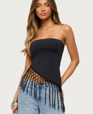 Womens Sarika Asymmetric Fringe Strapless Top