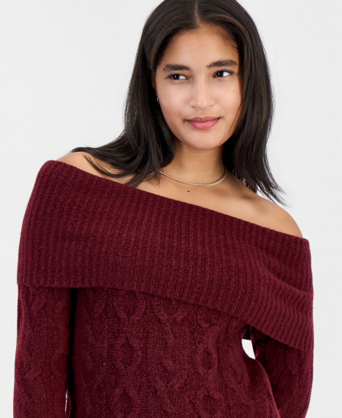Женское платье Madden Girl Juniors' Marilyn Cable-Knit Off-the-Shoulder Mini Sweater Dress, цвет: Бордовый — фото 3