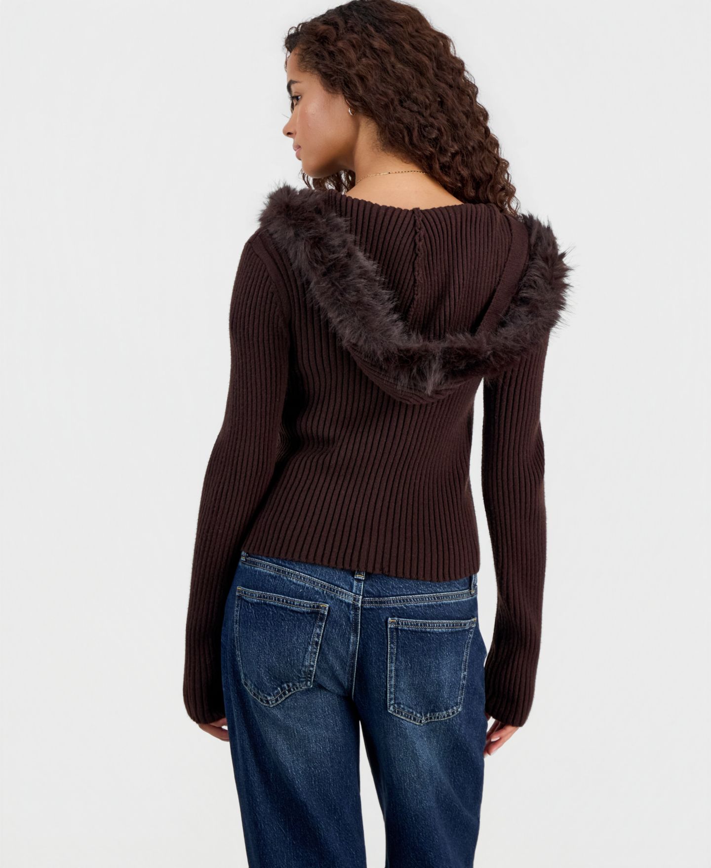 Женский кардиган Madden Girl Juniors' Full-Zip Hooded Faux Fur Trim, цвет: Шоколадный коричневый — фото 3