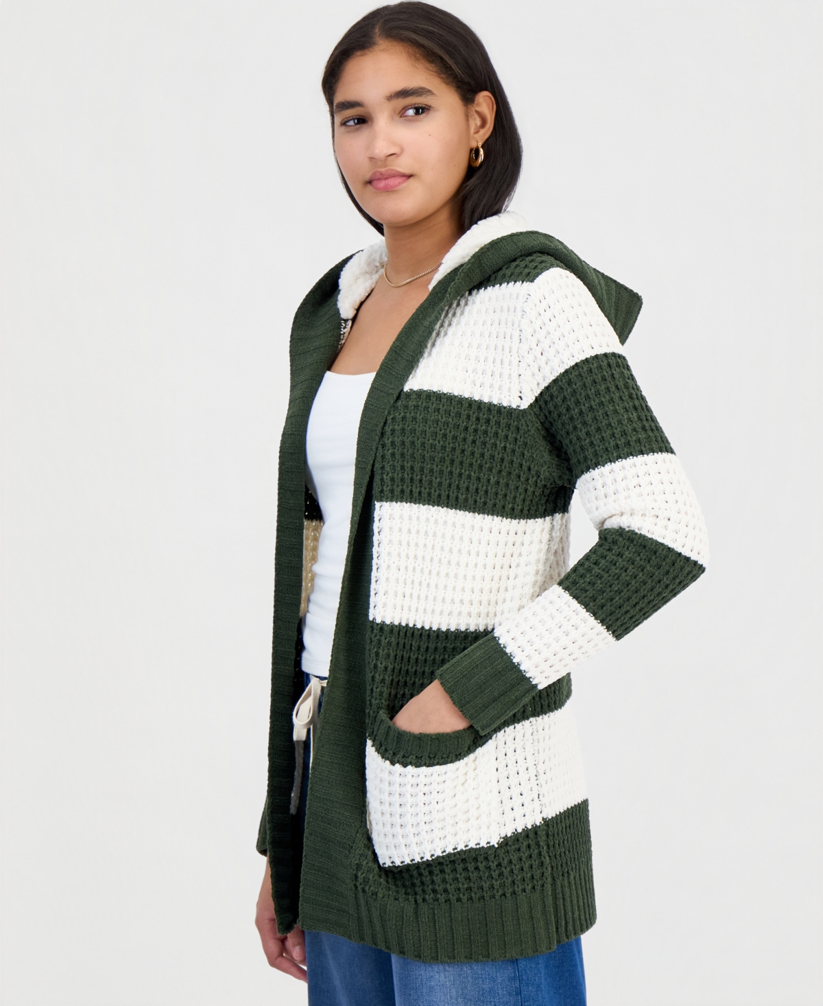 Madden Girl Juniors' Hooded Sherpa Striped Cardigan In Green,white Stripe