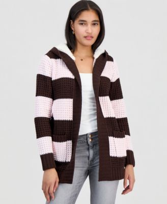 Juniors' Hooded Sherpa Striped Cardigan
