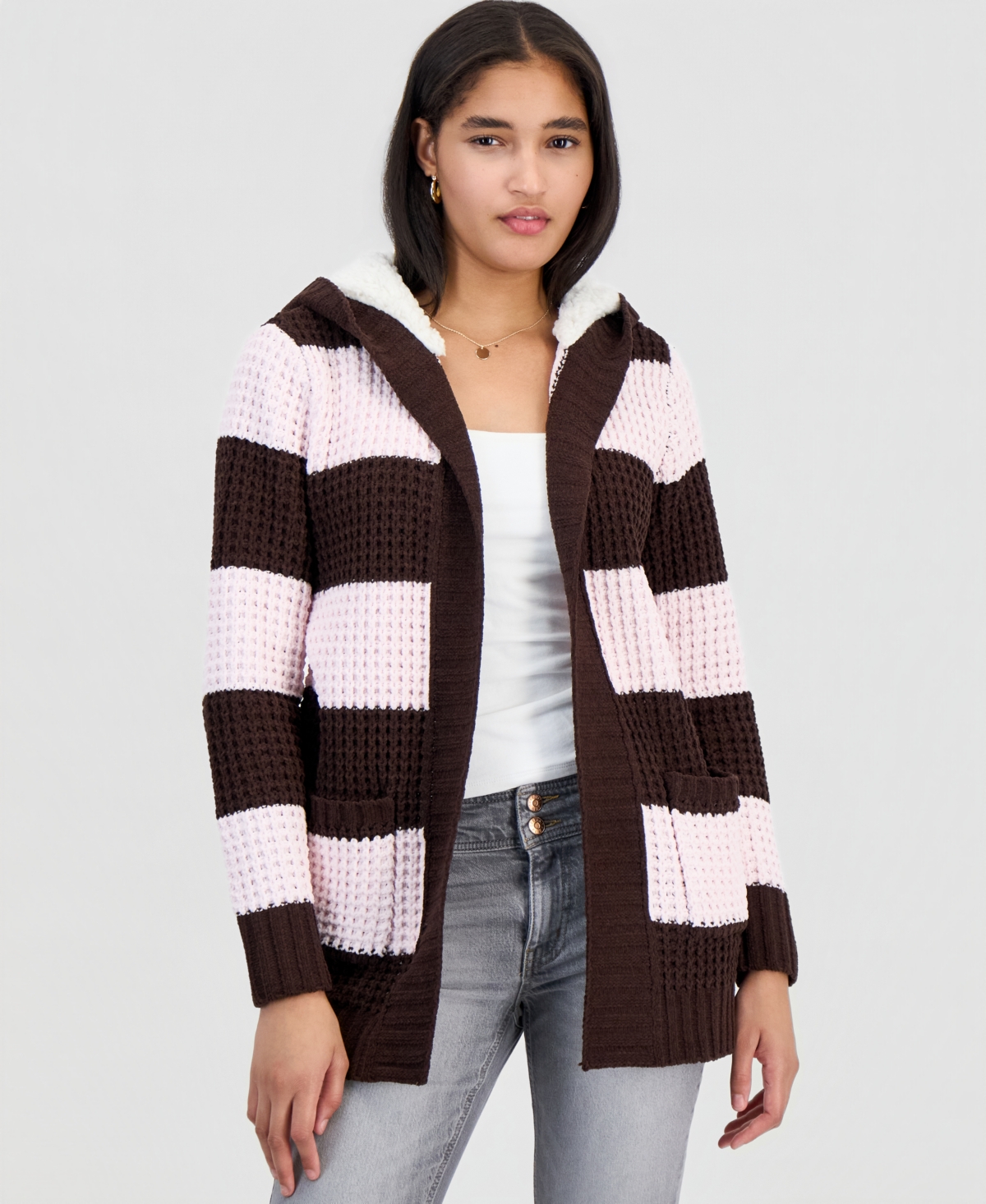Madden Girl Juniors' Hooded Sherpa Striped Cardigan In Pink,brown Stripe