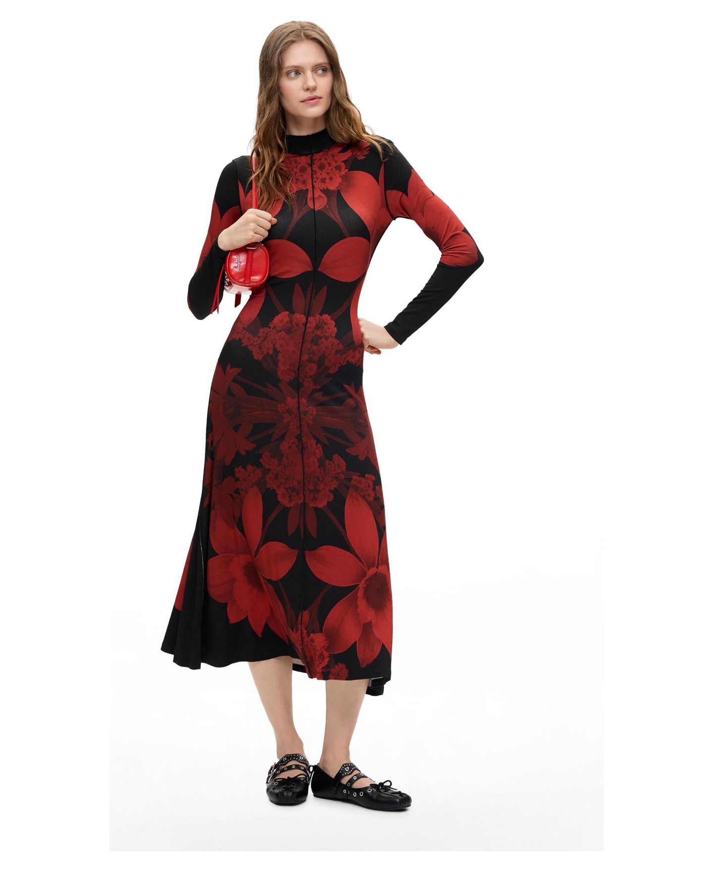 Женское платье Desigual Long-Sleeve Floral-Print Mock Neck Midi, цвет: Чёрный — фото 2