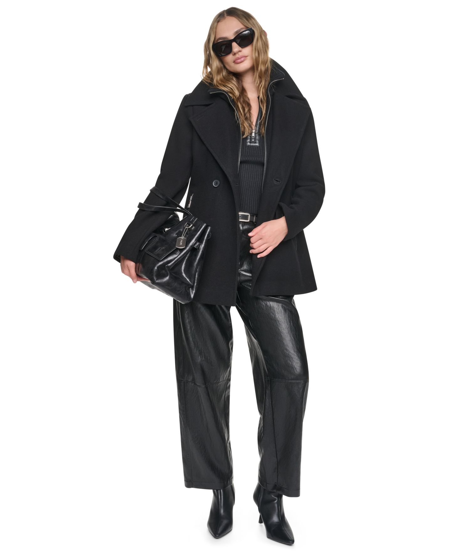 Женский шерстяной бушлат DKNY двубортный с длинным рукавом, для невысоких, цвет: Чёрный — фото 2