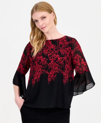 Women's Ruffle-Sleeve Floral Boat-Neck Blouse