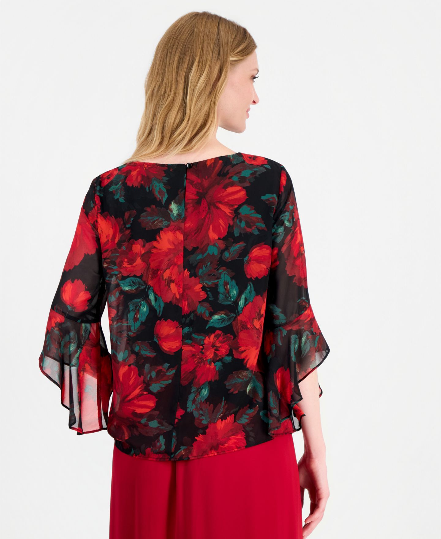 Женская блузка Kasper 3/4 Sleeve Floral Print Ruffle Sleeve Blouse, цвет: Красный разноцветный — фото 3