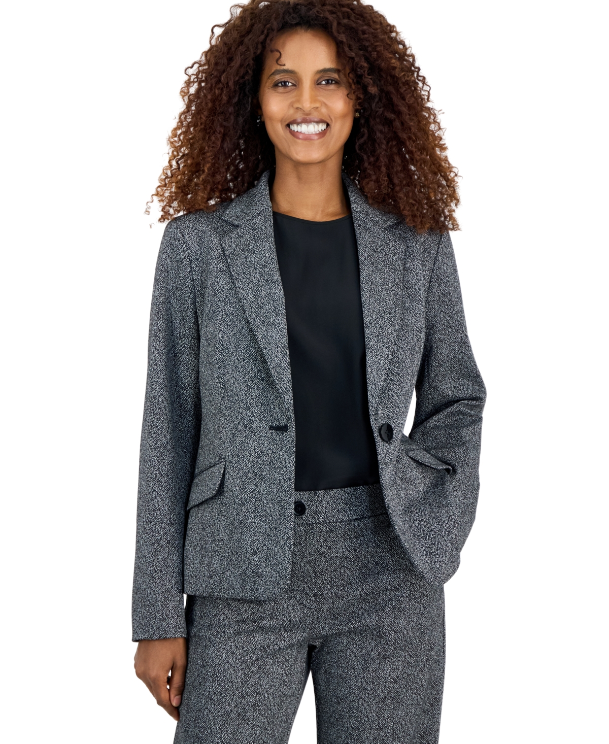 Kasper Women's Herringbone One Button Flap Pocket Blazer