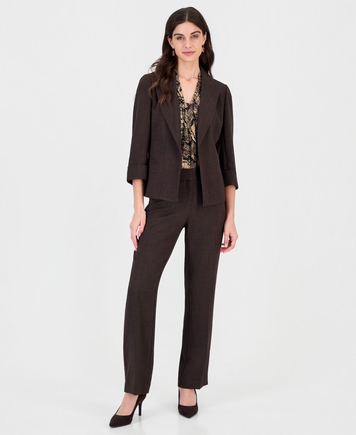 Женские комплекты Kasper Lily Knot-Neck Cuffed-Sleeve Classic-Fit 3-Piece Suit, цвет: Чёрный разноцветный — фото 1