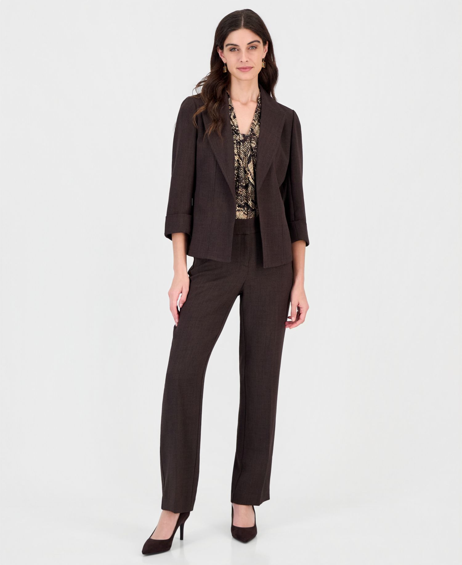 Women's 3/4 Sleeve Pebble Crepe Open Front Jacket with Zipper Pockets