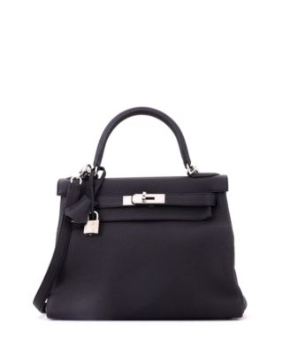 Kelly 28 Handbag Black Togo with Palladium Hardware