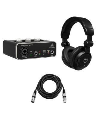 U-PHORIA UM2 2x2 USB 48 kHz Audio Interface Bundle with Studio Monitor Headphones and XLR Cable, Compatible with Mac and Windows