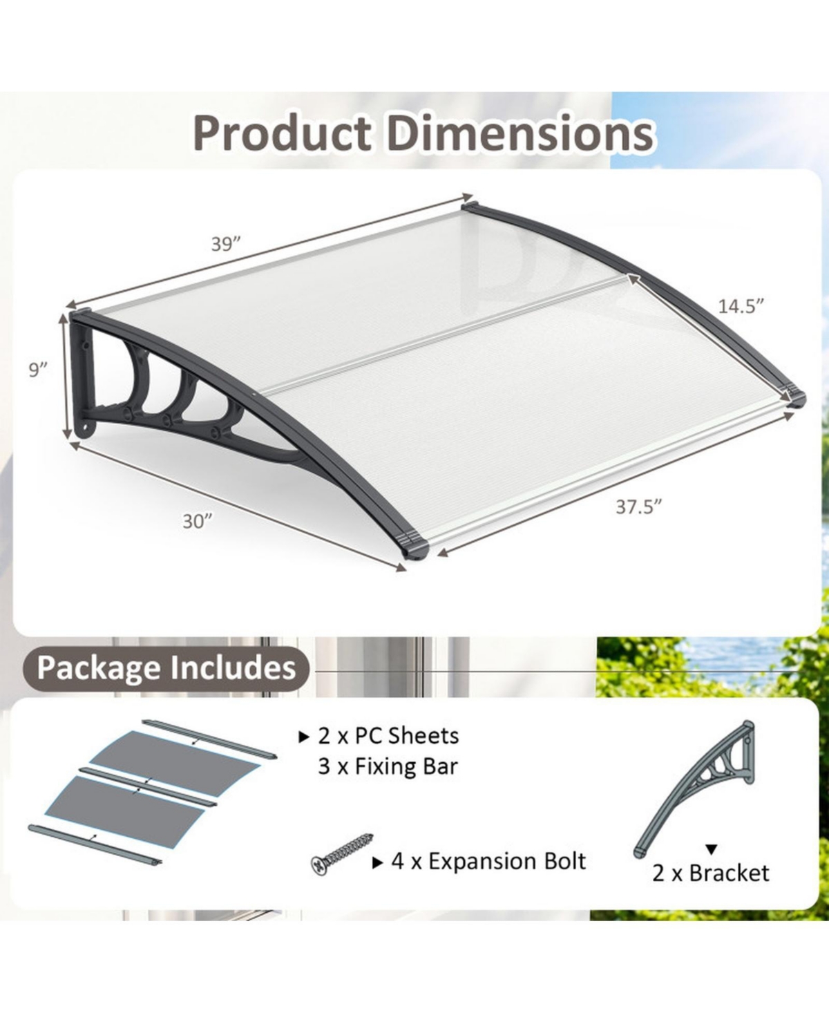 Sugift Outdoor Front Door Window Awning Exterior Door Canopy