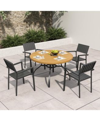 5 Piece Round Patio Dining Set, 47in Wood Grain Table and Stackable Metal Arm Chairs