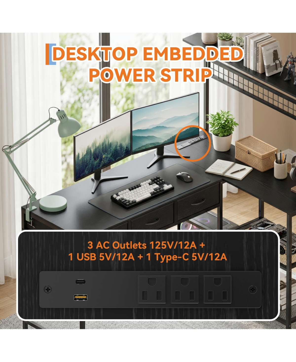 homfan L-Shaped Computer Desk with Power Outlets and Led Lights - 3-Tier Storage Shelves, Drawer, Reversible Wooden Workstation