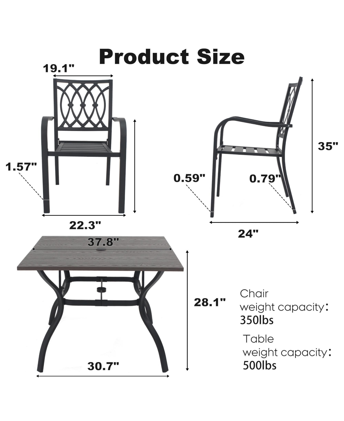 Clihome 5 Piece Patio Dining Set, 37.8in Square Wood Grain Table and 4 Slatted Metal Chairs