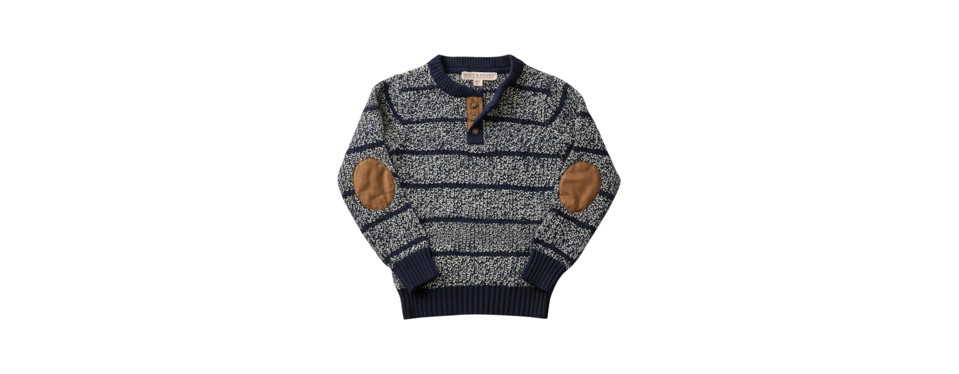 Hope & Henry Boy's Small to Xlarge Organic Sweater Henley with Elbow Patches