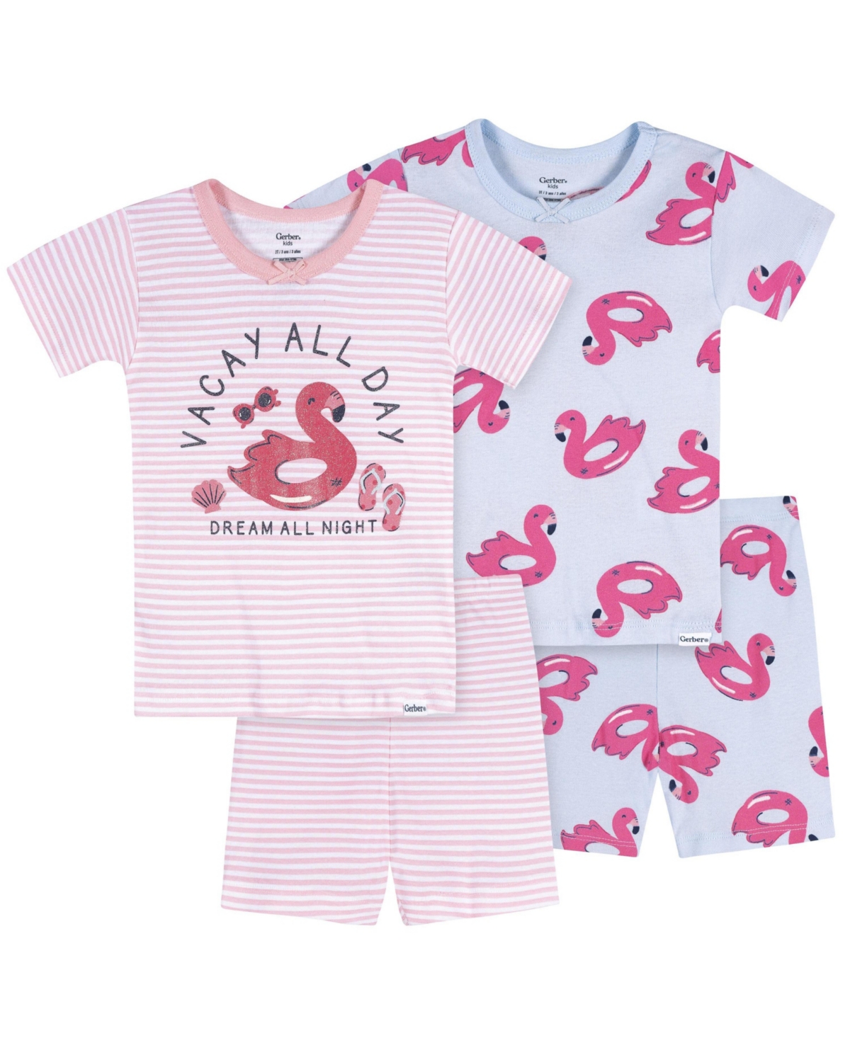 Gerber Baby Girls' 18M- 4T 4-Piece Cotton Pajama Short Set, Flamingo Floatie