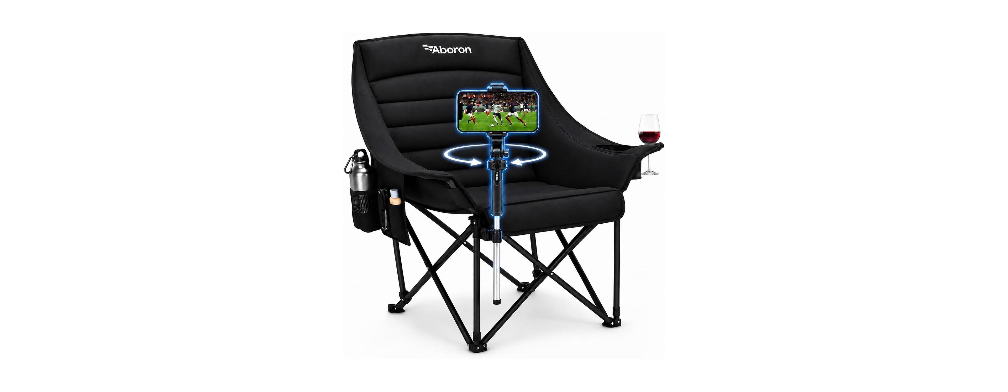 Aboron Oversized Camping Chair,Padded Folding with Side Pocket,Adjustable Phone Holder,500lbs Heavy Duty,Portable Lawn Chair for Sports,Fishing,Beach