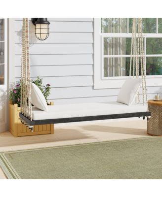 Wooden Porch Swing Bench with Cushion & Pillows, 10.8 ft Hemp Ropes