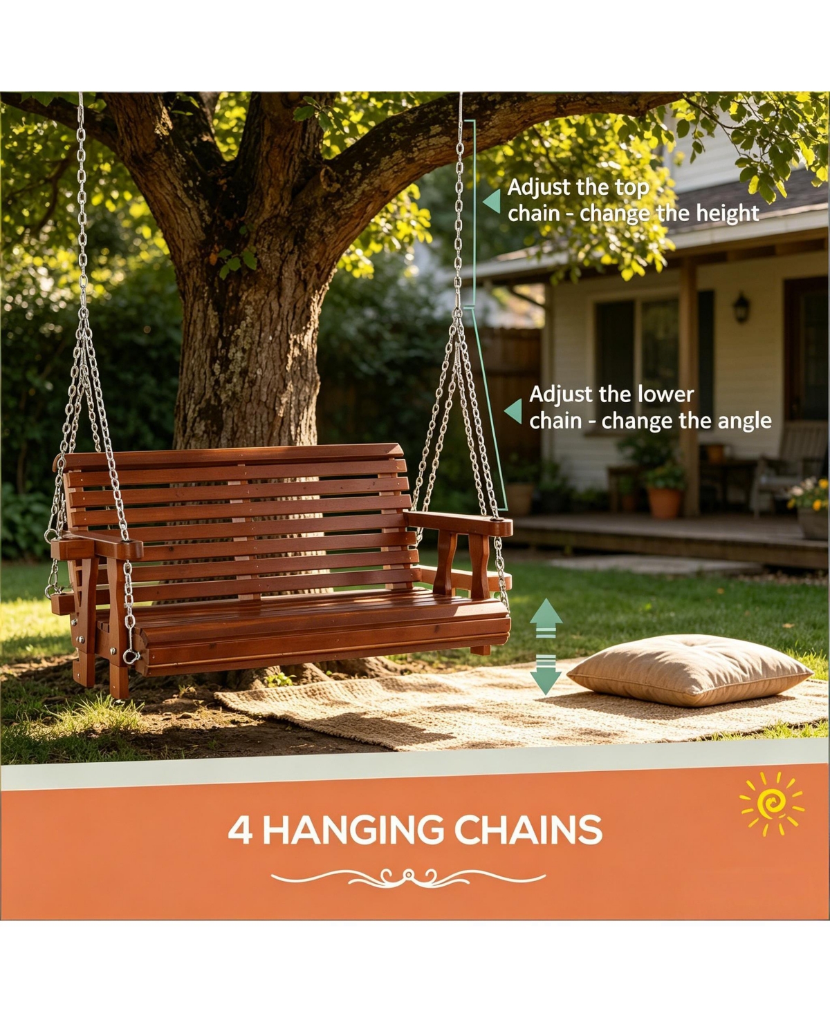 Yiortwo 2 Person Porch Swing Chair with Cup Holders and Hanging Chains for Patio Outdoor
