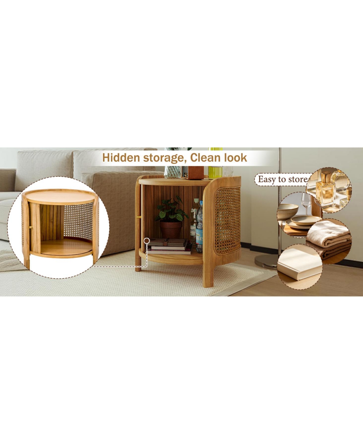 Flynama Round Rotating Coffee Table Rattan Hidden Storage Mdf Modern Living Room Table