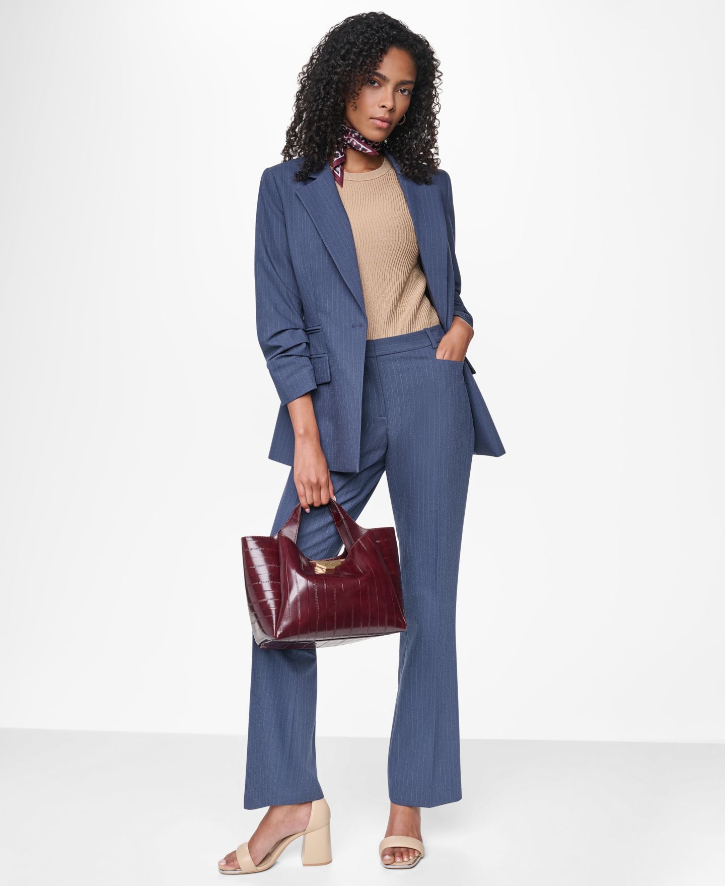 Женский пиджак DKNY Pinstripe 3/4-Sleeve Blazer, цвет: Синий / Слоновая кость — фото 4