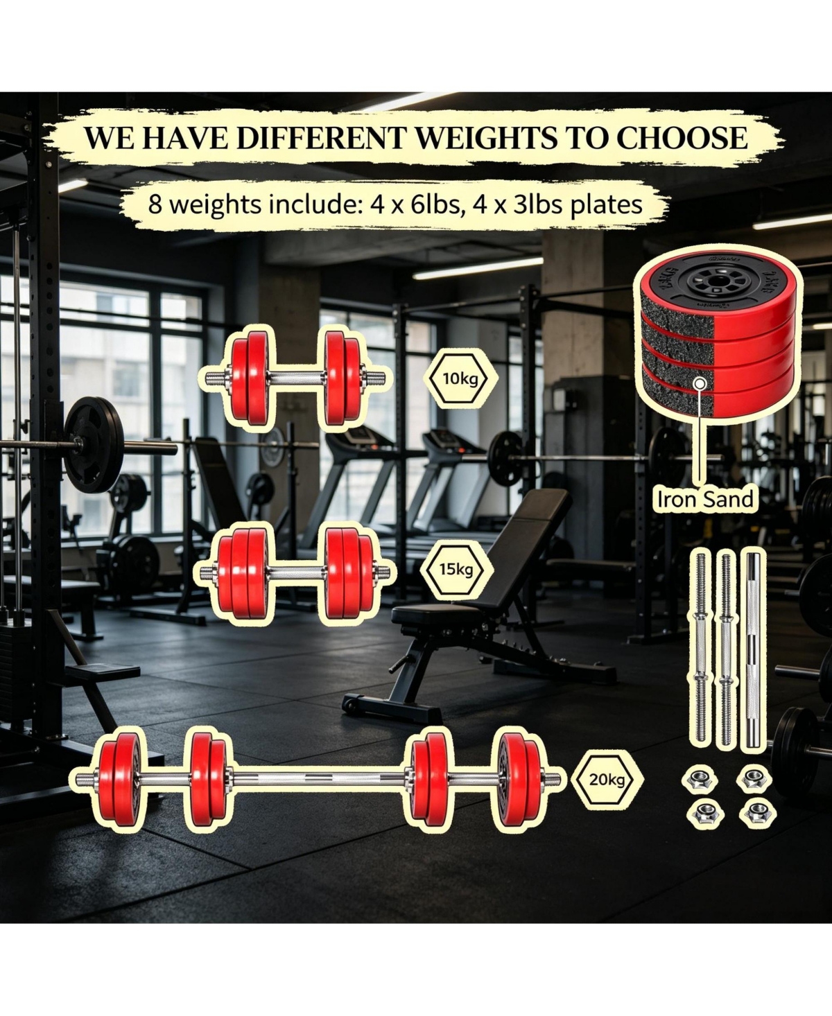 Sevorley 44 lb Adjustable Dumbbell and Barbell Set, 2-in-1 Free Weight Kit with Plates, Connecting Rod and Spin Lock Nuts