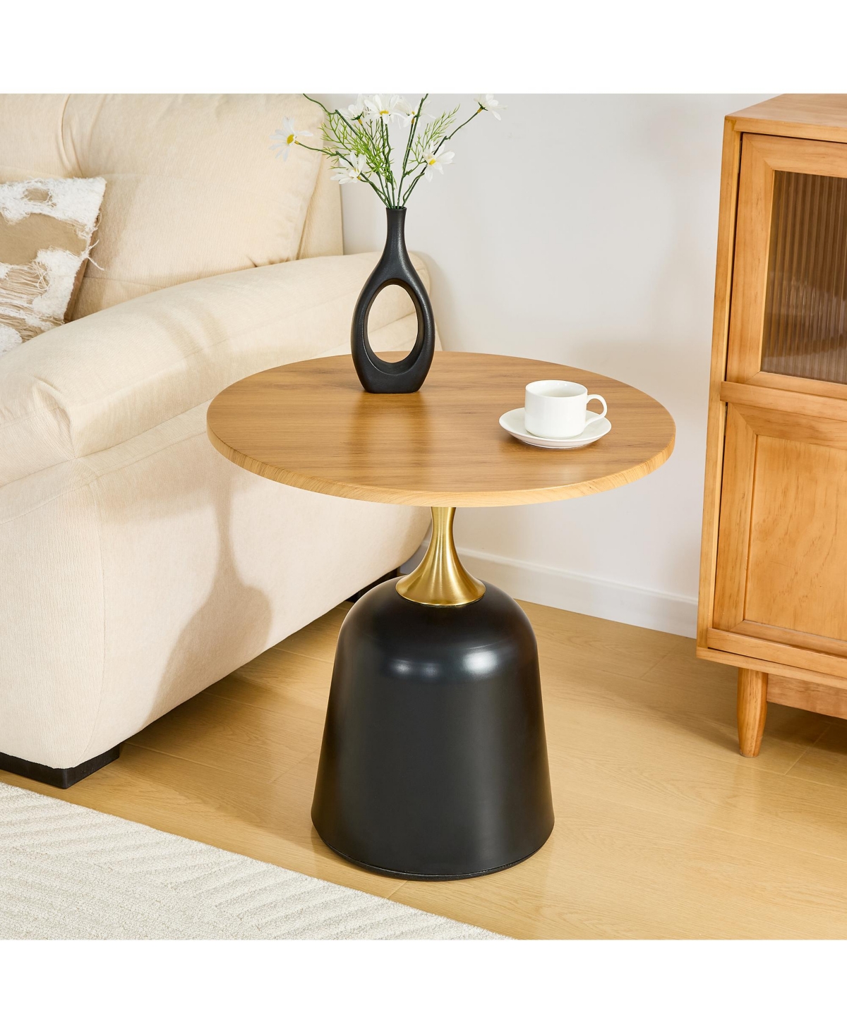 flynama 23.6" Round Metal Base Side Table Wood Grain Modern Nordic Accent Sofa Table