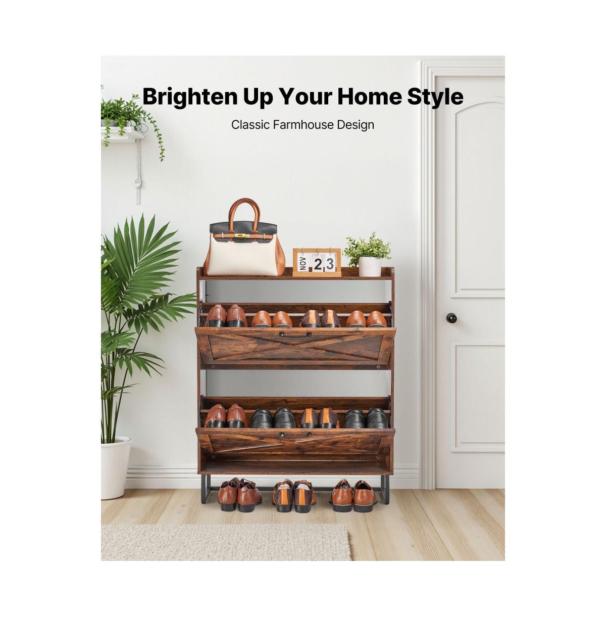 Slickblue Farmhouse Shoe Cabinet with 2 Flip Drawers, Freestanding Shoe Storage Organizer for Entryway