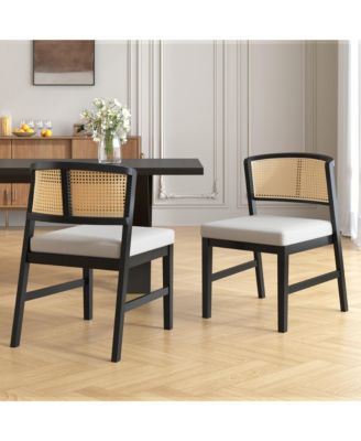 Set of 2 Rubber Wood Upholstered Rattan Back Dining Chairs