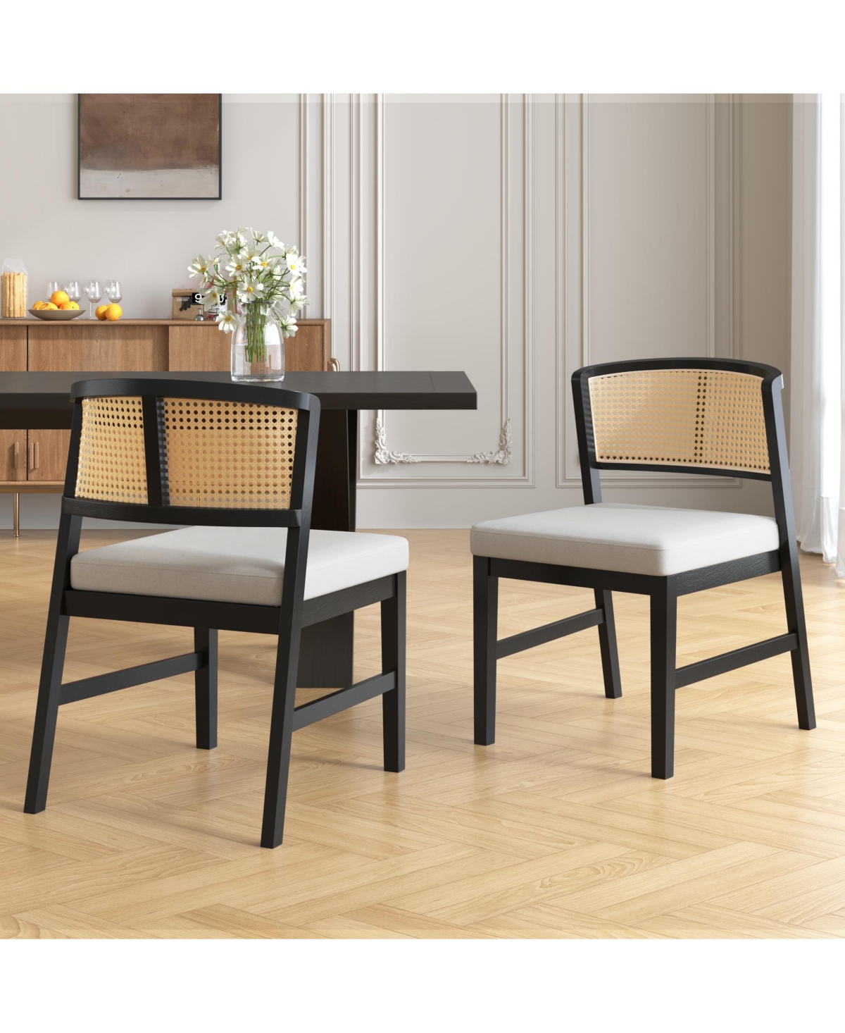 Flynama Set of 2 Rubber Wood Upholstered Rattan Back Dining Chairs