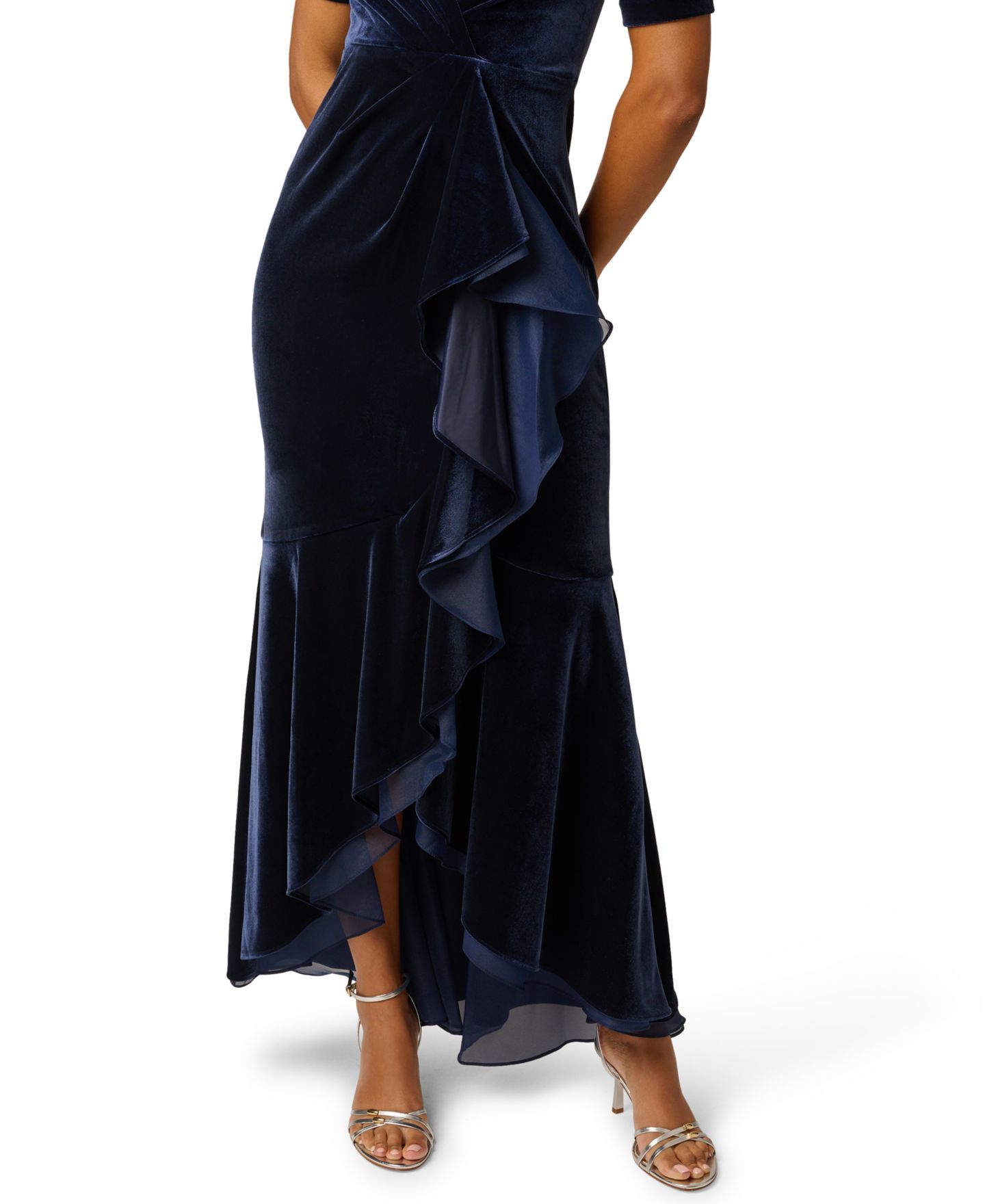 Женское платье Adrianna Papell V-Neck Velvet Cascade Gown, цвет: Тёмно-синий — фото 3
