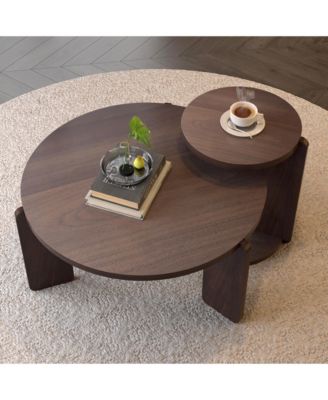 Set of 2 Walnut Veneer Nesting Round Coffee Tables, Water Resistant PU Paint MDF Side Table