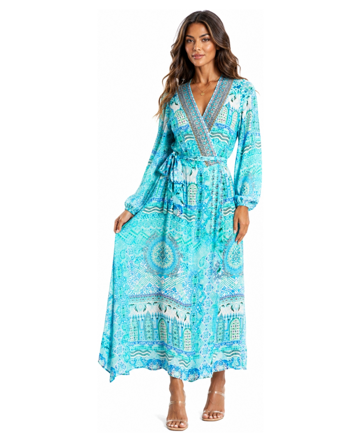 La Moda Clothing Women's Boho Long-Sleeve Paisley-Print Wrap Maxi Dress