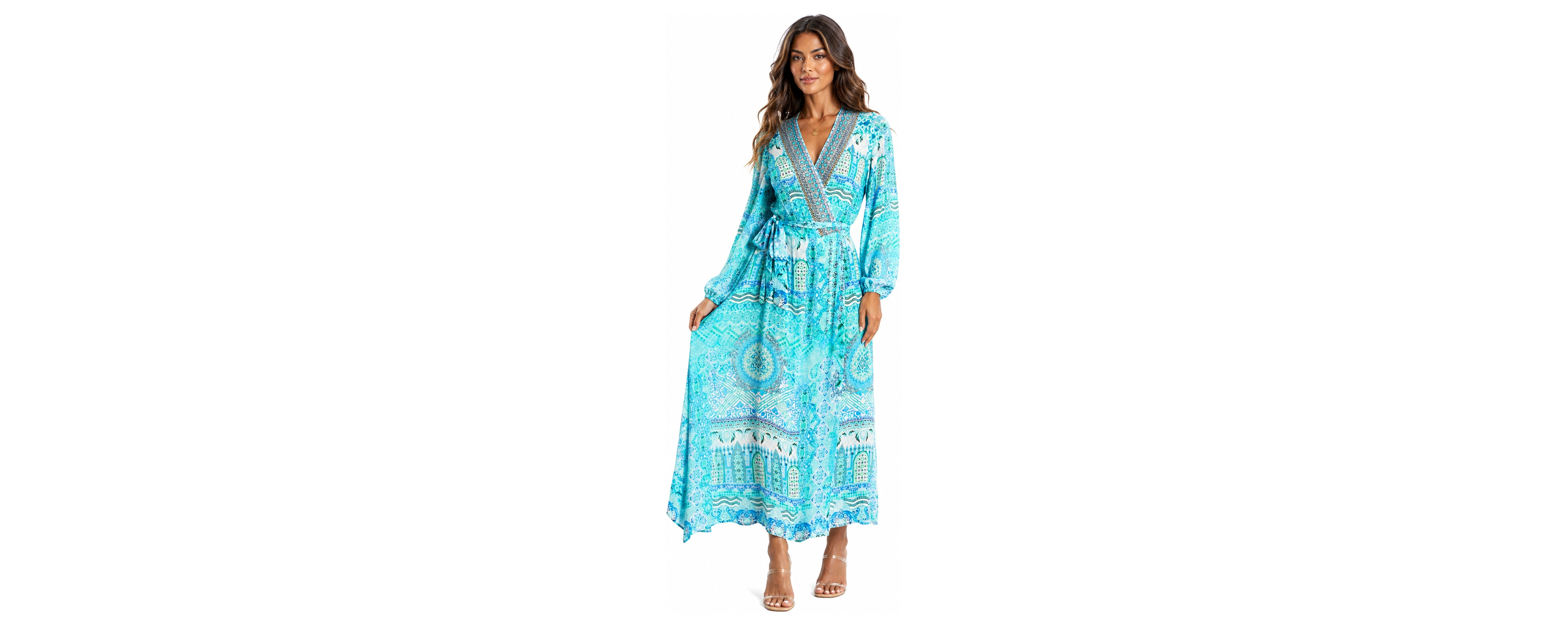 La Moda Clothing Women's Boho Long-Sleeve Paisley-Print Wrap Maxi Dress