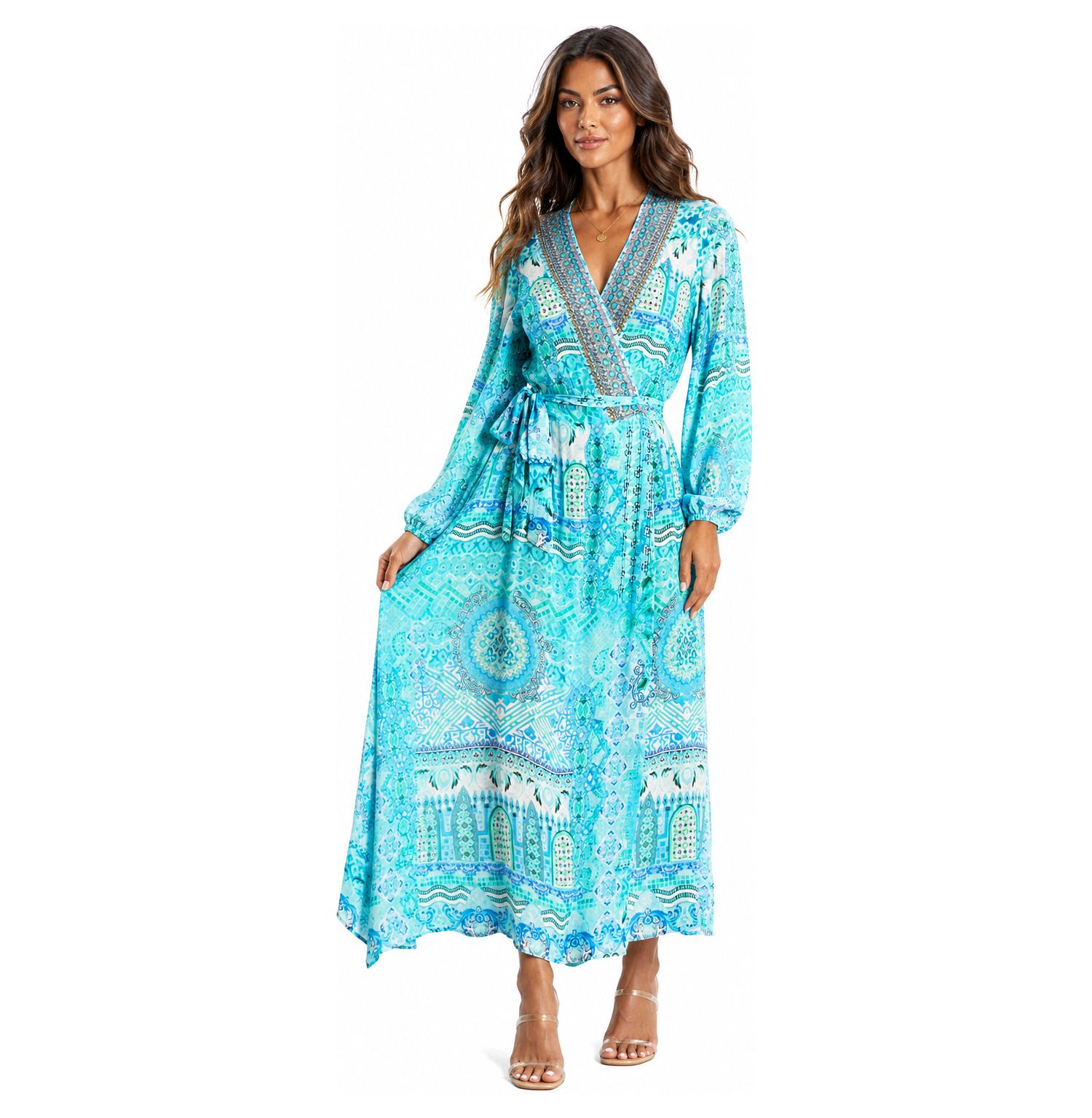 Women's Boho Long-Sleeve Paisley-Print Wrap Maxi Dress