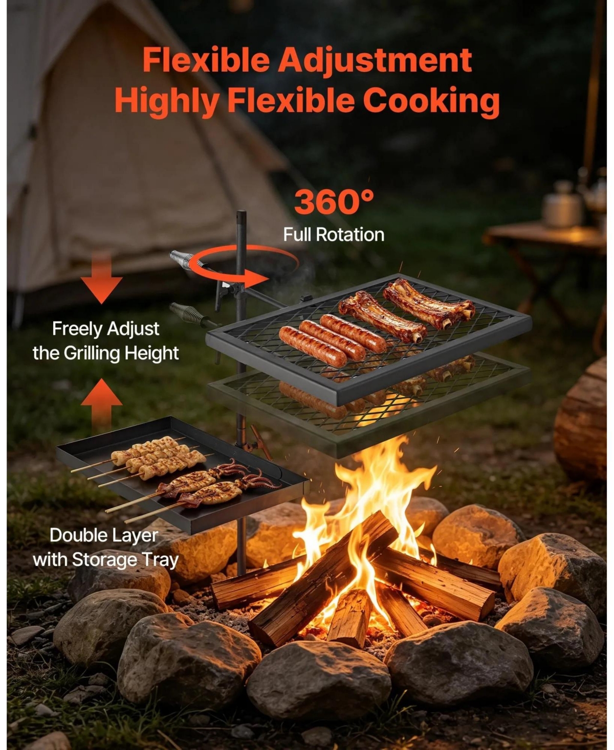Hongge Height Adjustable Swivel Campfire Grill Grate and Griddle