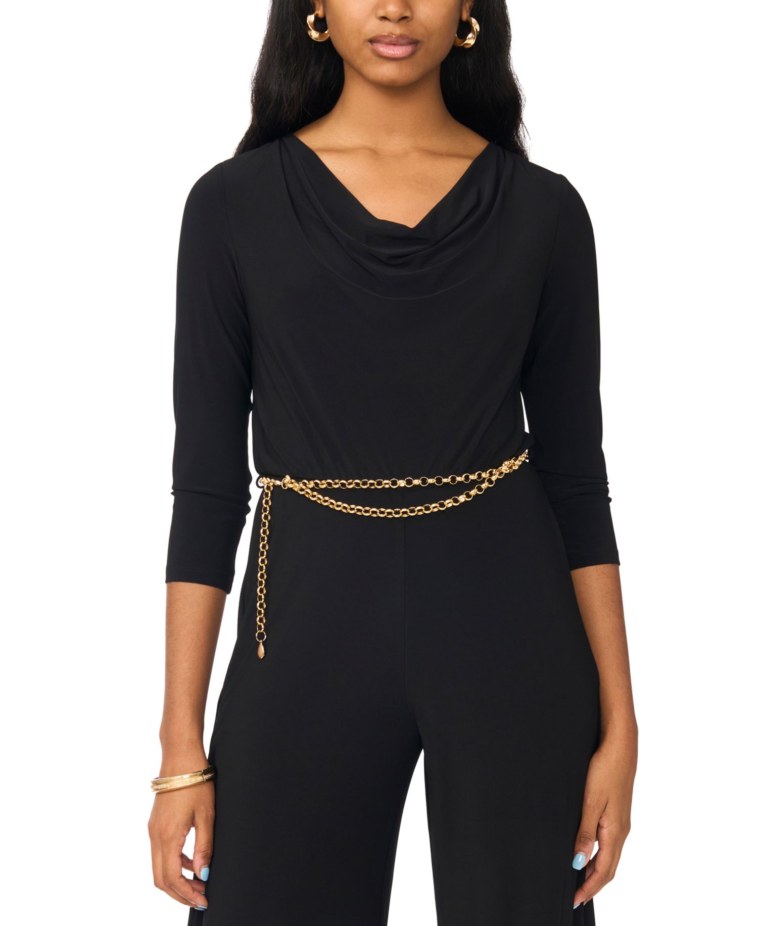 Women's Petite Cowl-Neck Wide-Leg 3/4 Sleeve Jumpsuit
