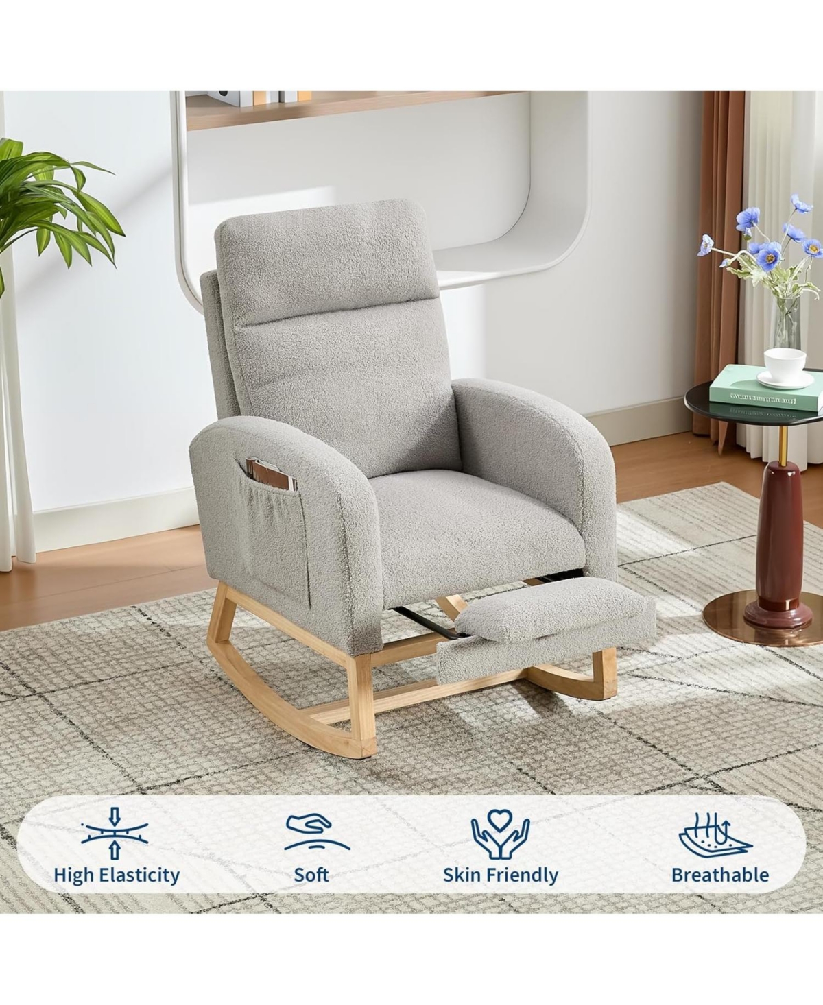 gaomon Set of 2 Soft Fabric Rocking Chairs, Adjustable Footrest and High Backrest, Solid Wood Legs with Dual Side Pockets for Restaurant or Lounge