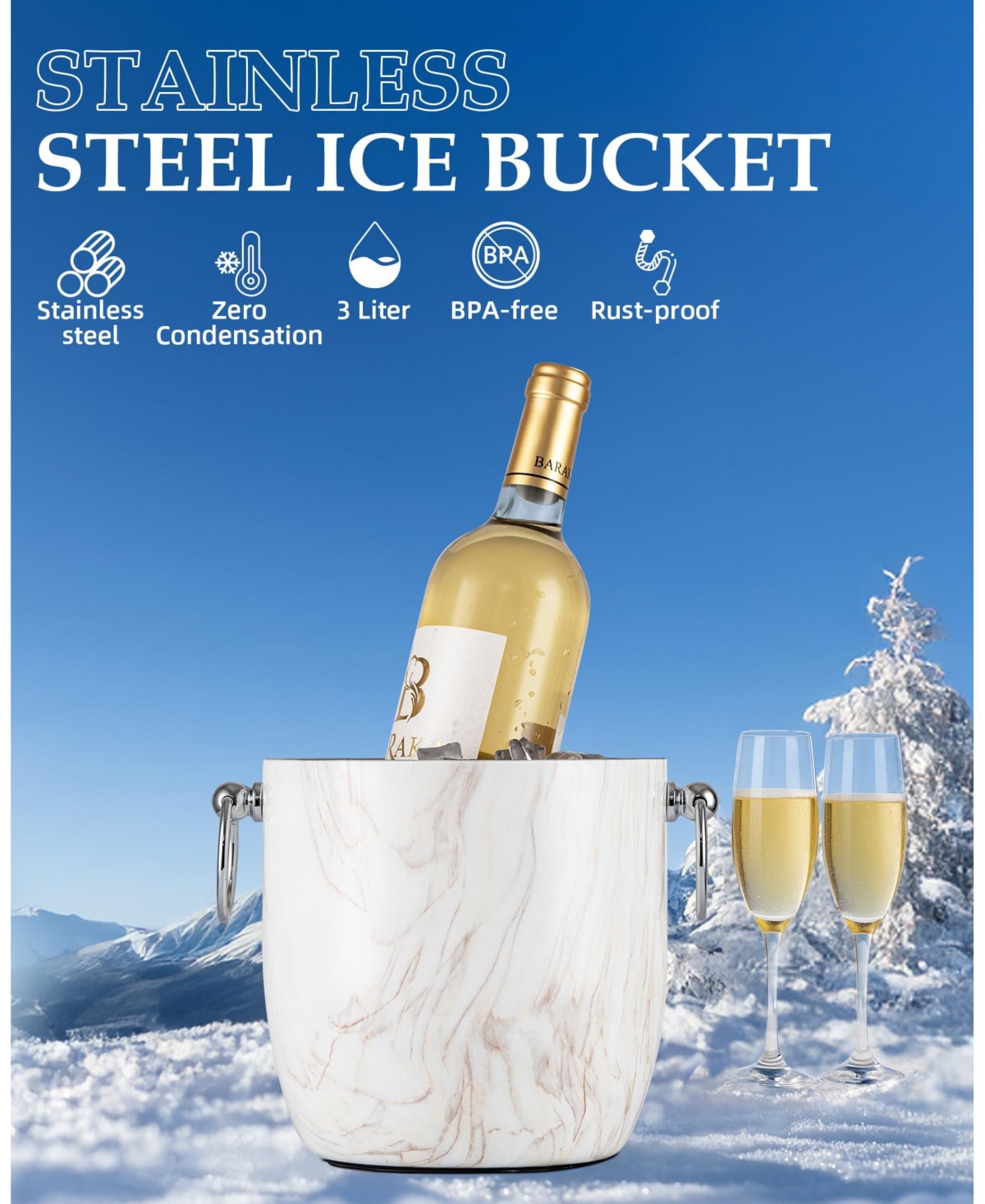 Piscifun 3L Double Wall Stainless Steel Insulated Ice Bucket With Lid Scoop Tongs Strainer For Parties Bars