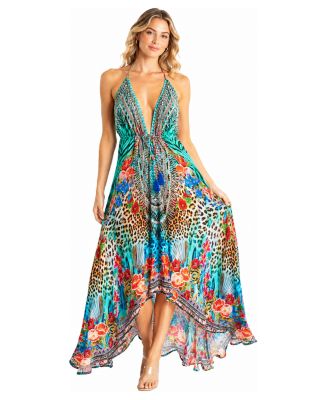 Women's Plunge Halter High-Low Maxi Dress