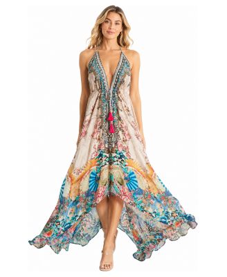 Women's Floral Halter Plunge Maxi Dress