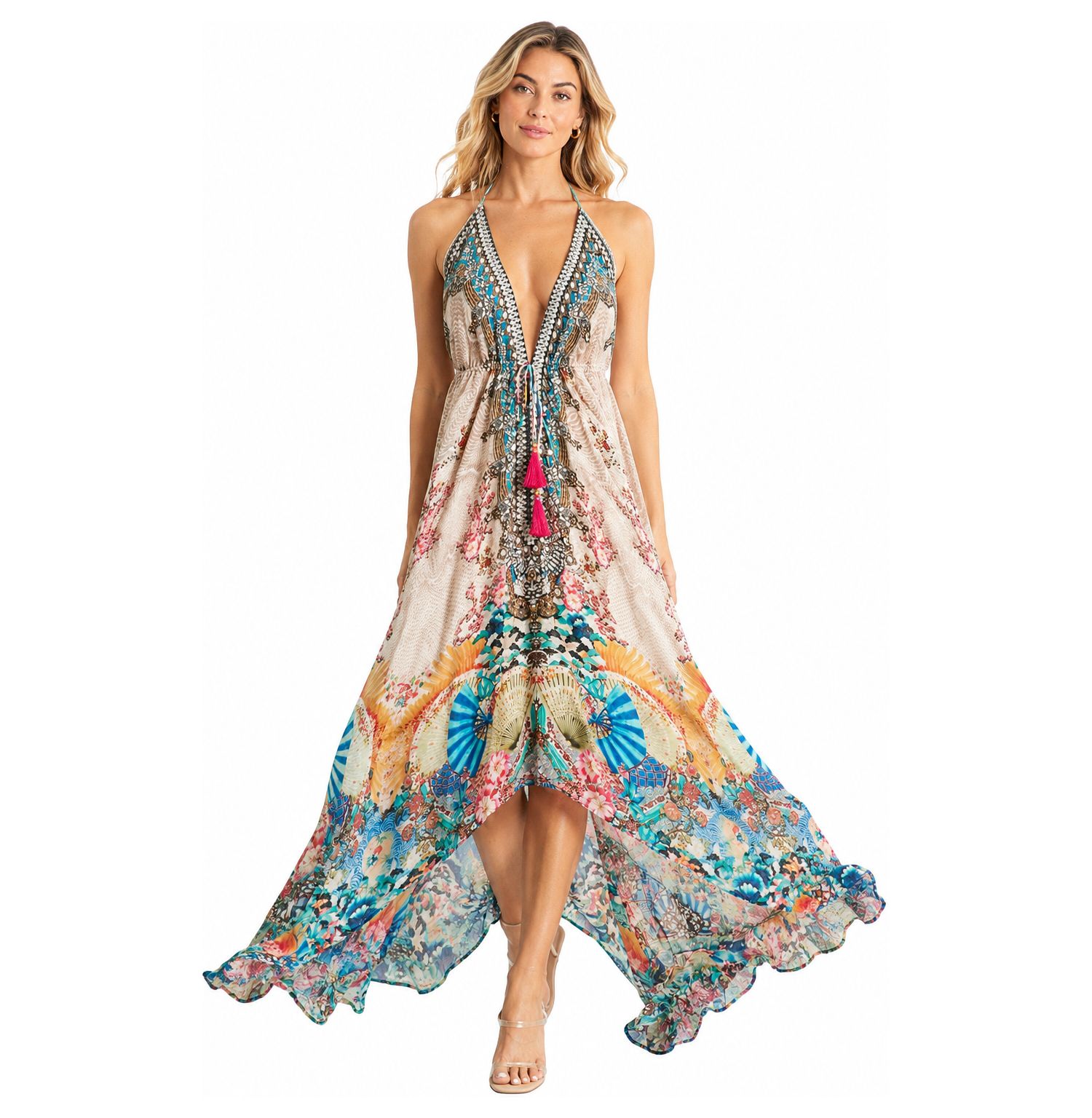 Women's Floral Halter Plunge Maxi Dress